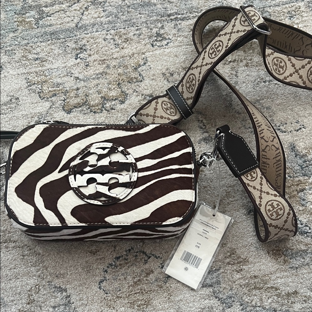 Tory Burch Flash SALE Zebra Stripe Crossbody Bag with Logo Strap